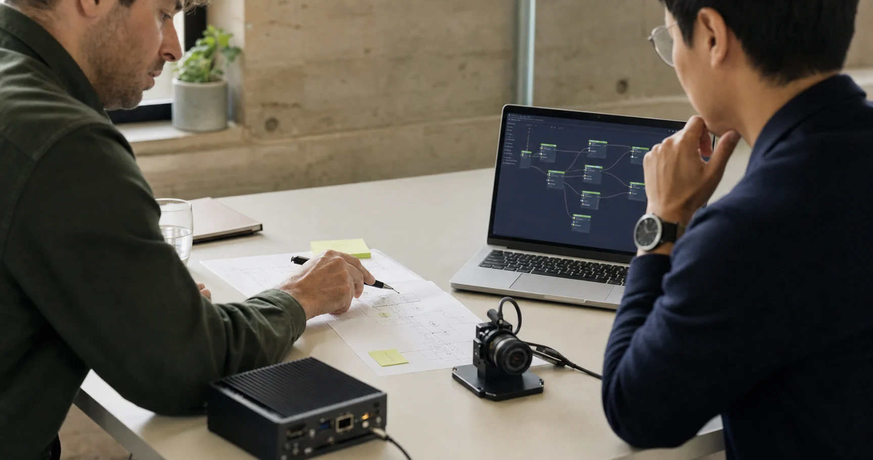 Technical leaders planning an AI system with edge hardware and computer vision equipment